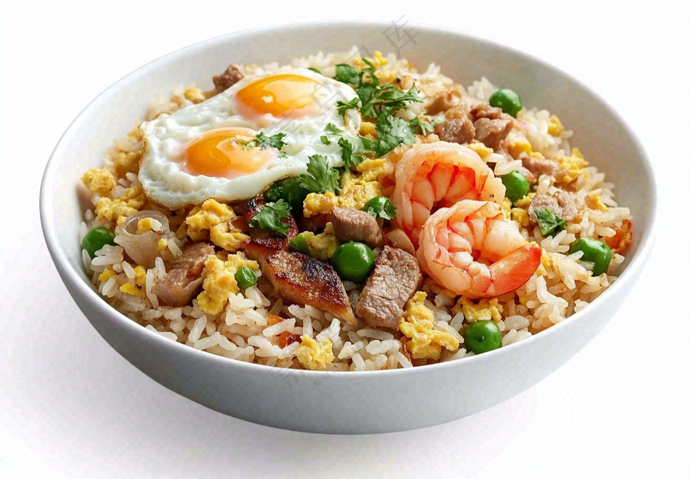 虾仁时蔬炒饭蘑菇美食摄影图