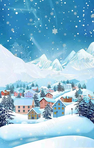 冬季大雪纷飞雪山脚下的城镇村庄小雪大雪大寒背景