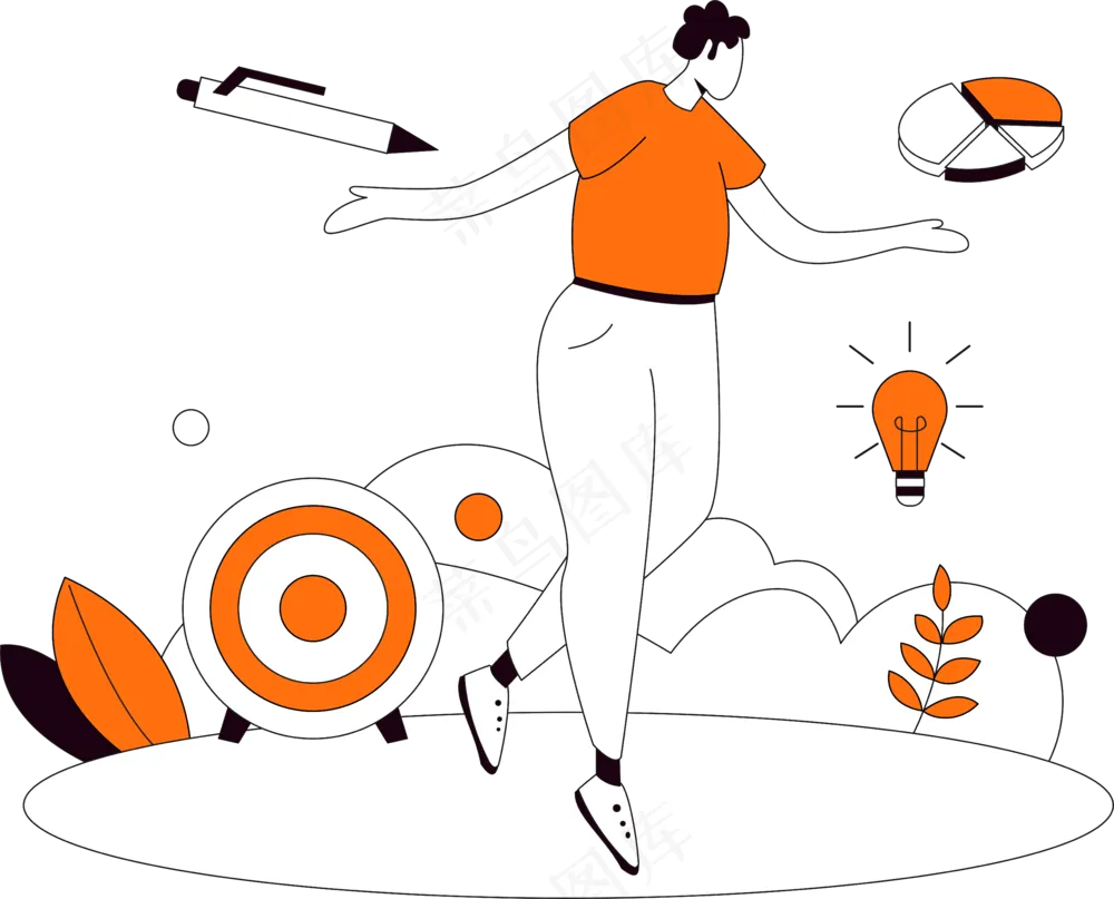 一个男士 饼状图 目标靶 灵感灯泡 橙色扁平商务插画