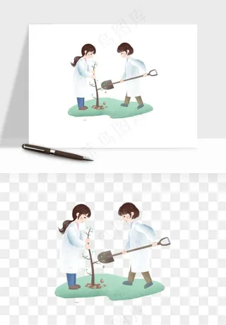 手绘植树节挖土人物png免抠