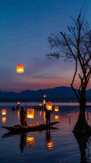 夜晚点灯孔明灯祈福中元节寒衣节插画背景