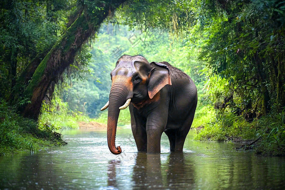 云南森林河流大象象群野生动物保护动物摄影图