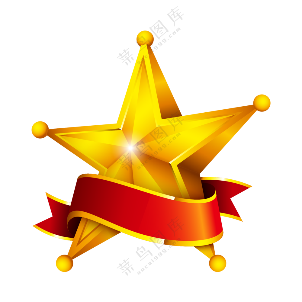 被缎带缠绕着的金色五角星PNG图片