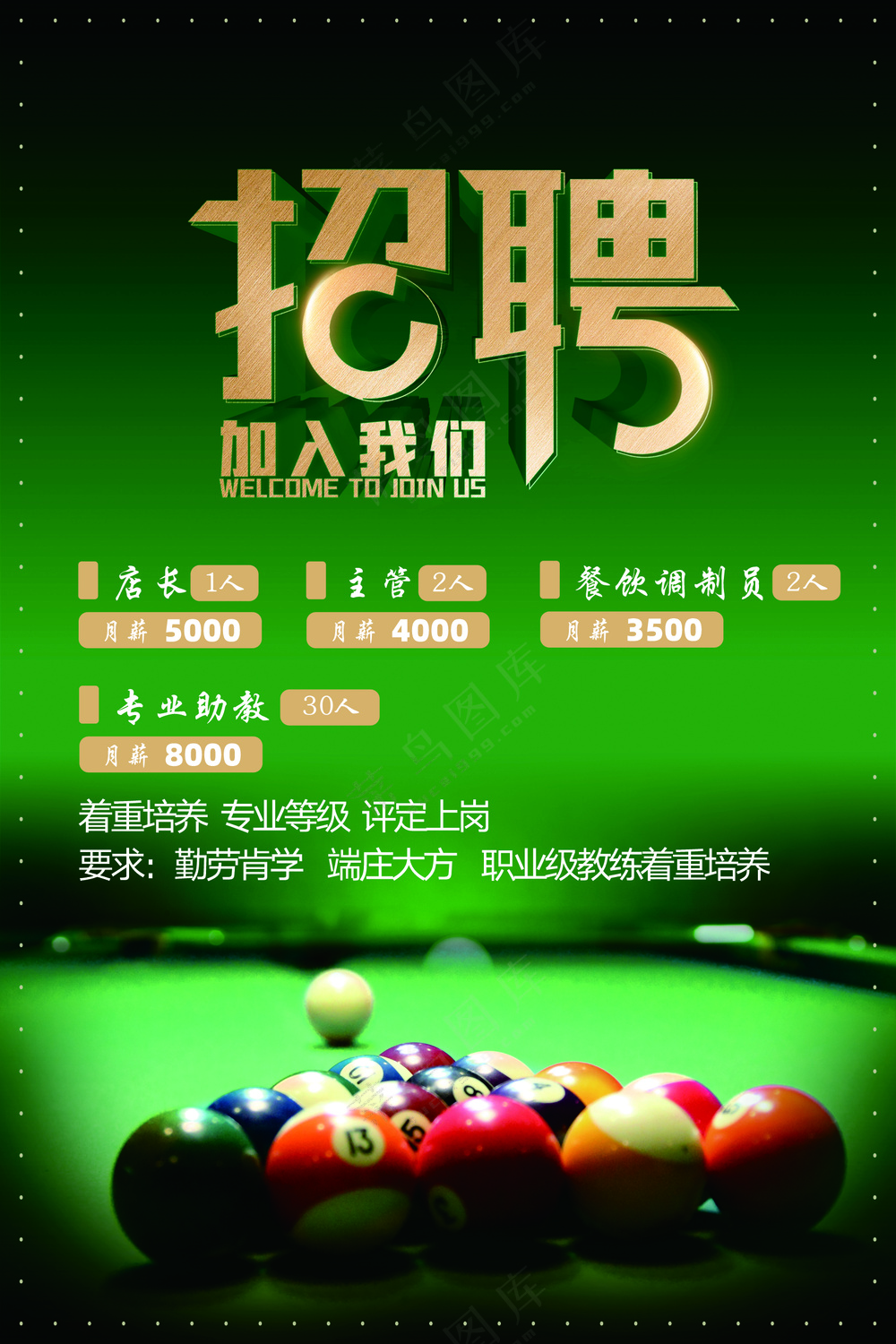 台球 招聘 海报 台球 绿色 