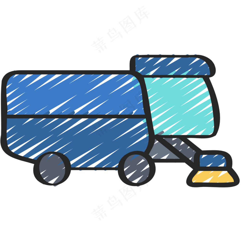 蓝色道路清洁车 扫地车 铅笔手绘图标icon