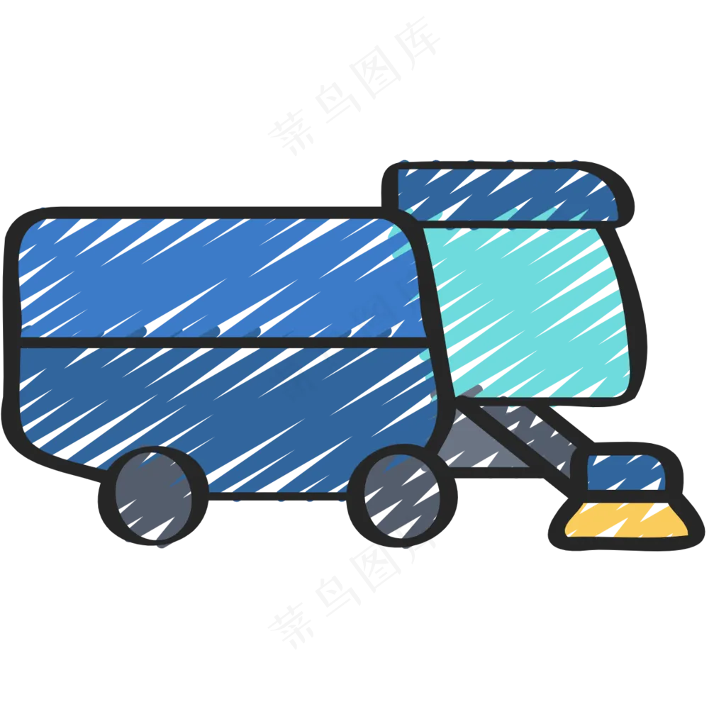 蓝色道路清洁车 扫地车 铅笔手绘图标icon