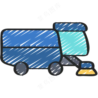 蓝色道路清洁车 扫地车 铅笔手绘图标icon