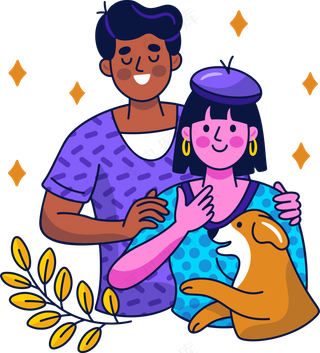 小情侣和宠物狗狗 美式多巴胺插画 免抠透明底