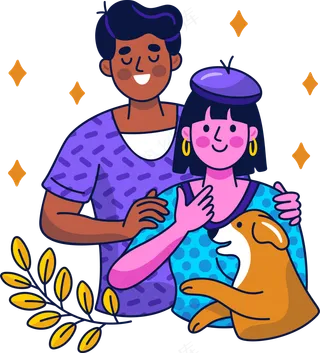 小情侣和宠物狗狗 美式多巴胺插画 免抠透明底