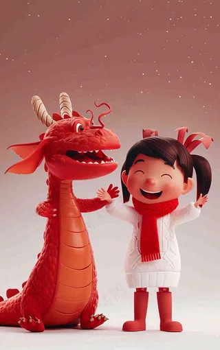 新春节日龙年儿童庆祝喜庆红色小年新年卡通插画背景