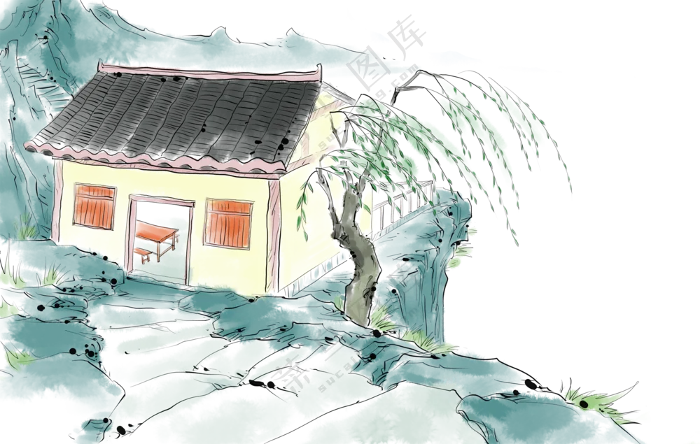 山脚下的小屋绘画创意免抠图片素材