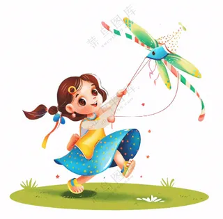 放风筝纸鸢的女孩儿童人物卡通插画免抠