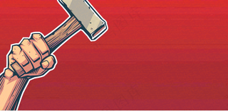 劳动局卡通复古插画工人手拿工具红色插画背景