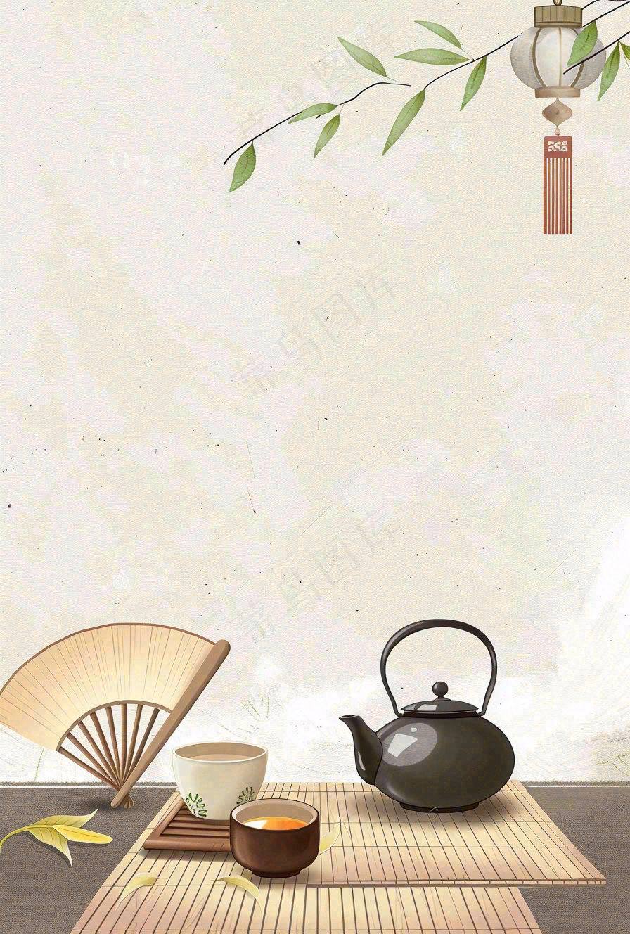 夏天树下饮茶休闲中国风小暑大暑端午节插画背景