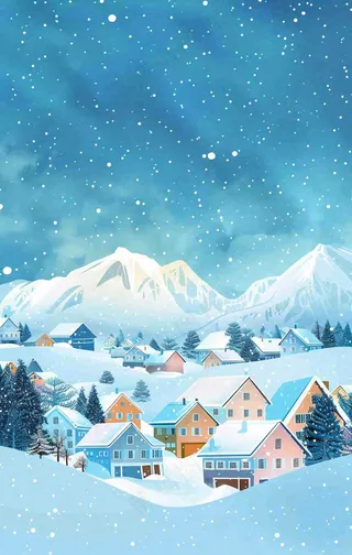 冬季大雪纷飞雪山脚下的城镇村庄小雪大雪大寒背景