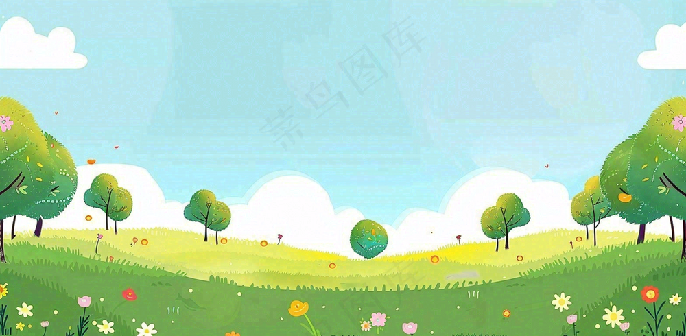 太阳白云草坪大树儿童节卡通插画背景