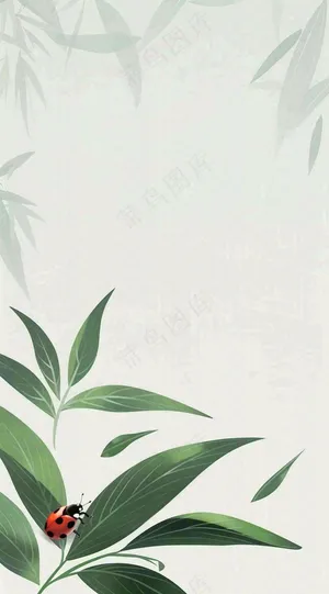 春天国风插画绿叶上的昆虫惊蛰插画背景