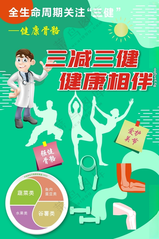 全民健康生活方式健康骨骼海报三减宣传栏迈向健康