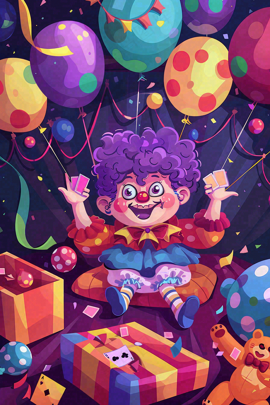 马戏团小丑表演开心紫色卡通搞怪愚人节插画背景