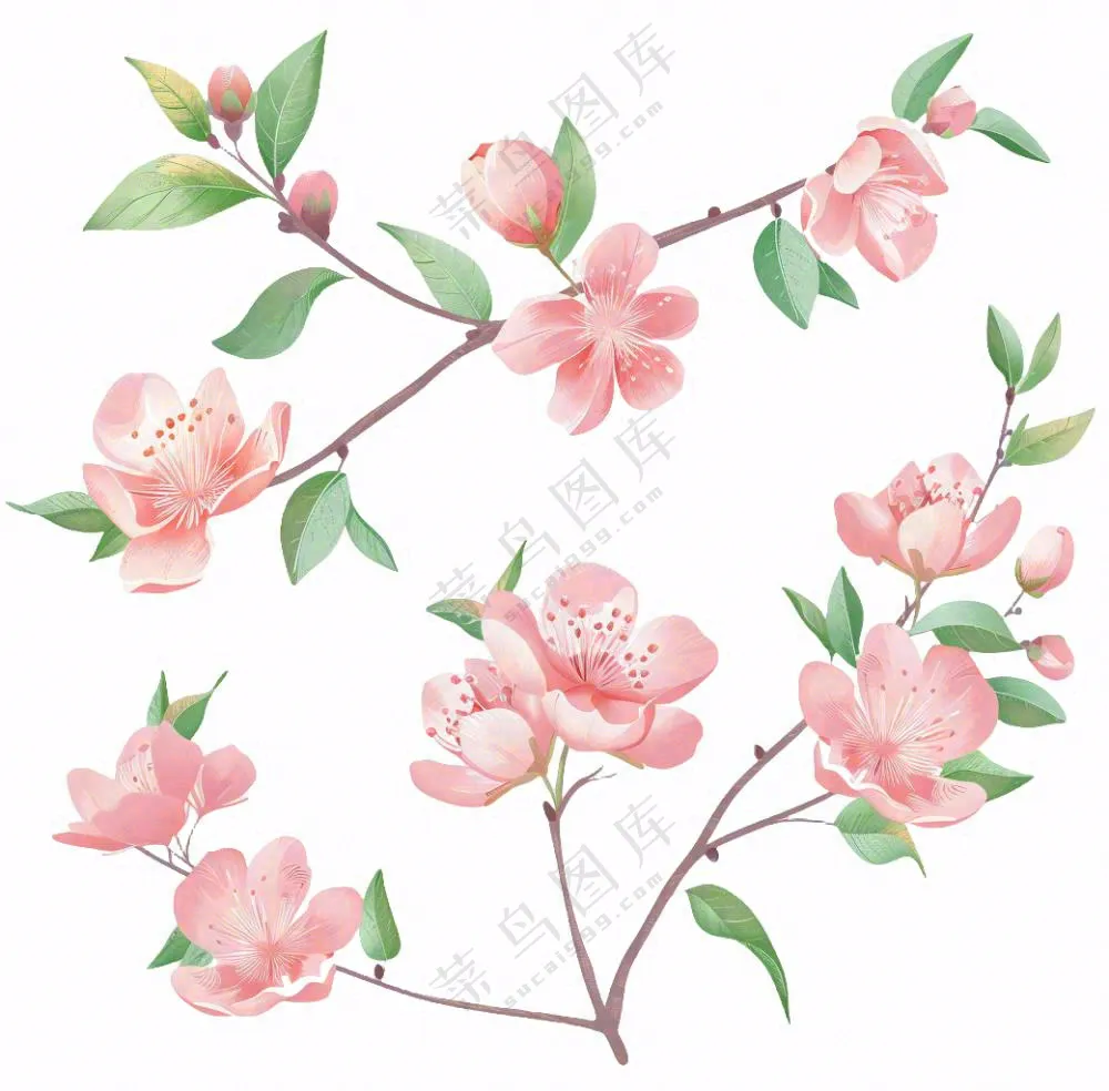 春天粉色花朵树枝插画免抠