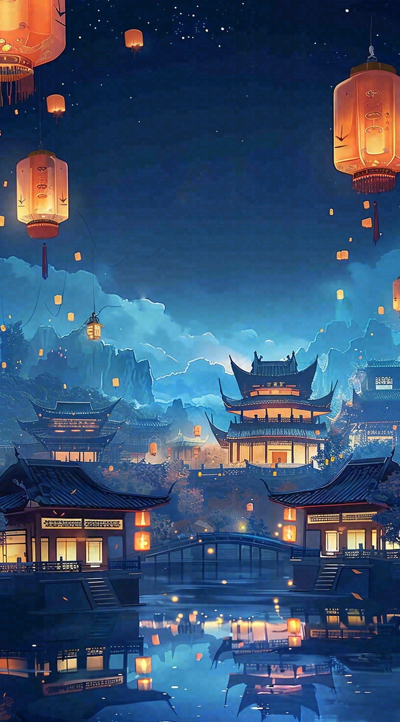 夜晚点灯孔明灯祈福中元节寒衣节插画背景