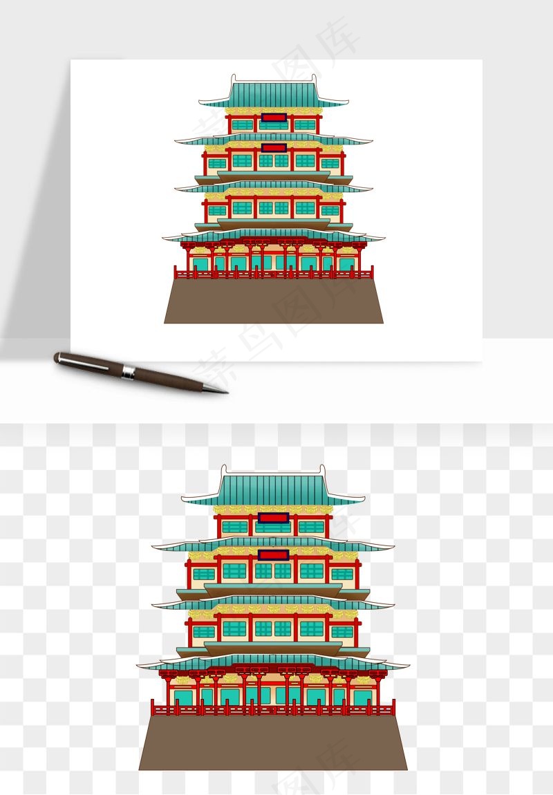 国潮风古建筑古楼古塔鼓楼psd,png免抠图