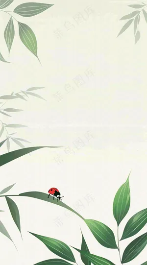 春天国风插画绿叶上的昆虫惊蛰插画背景