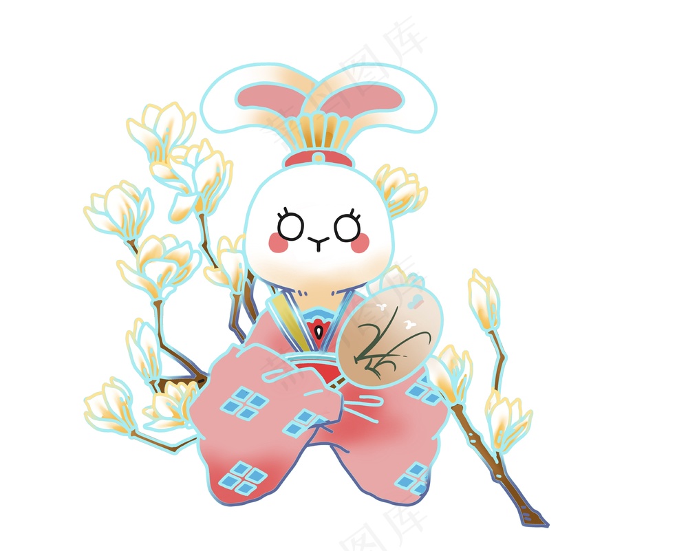 粉色简约新国风中式可爱兔子元素插画