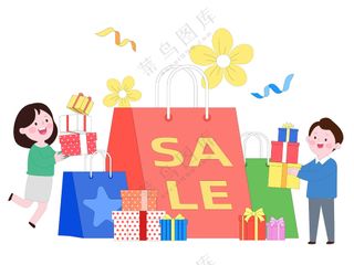 卡通家庭购物618双11购物节大礼包打折可爱插画