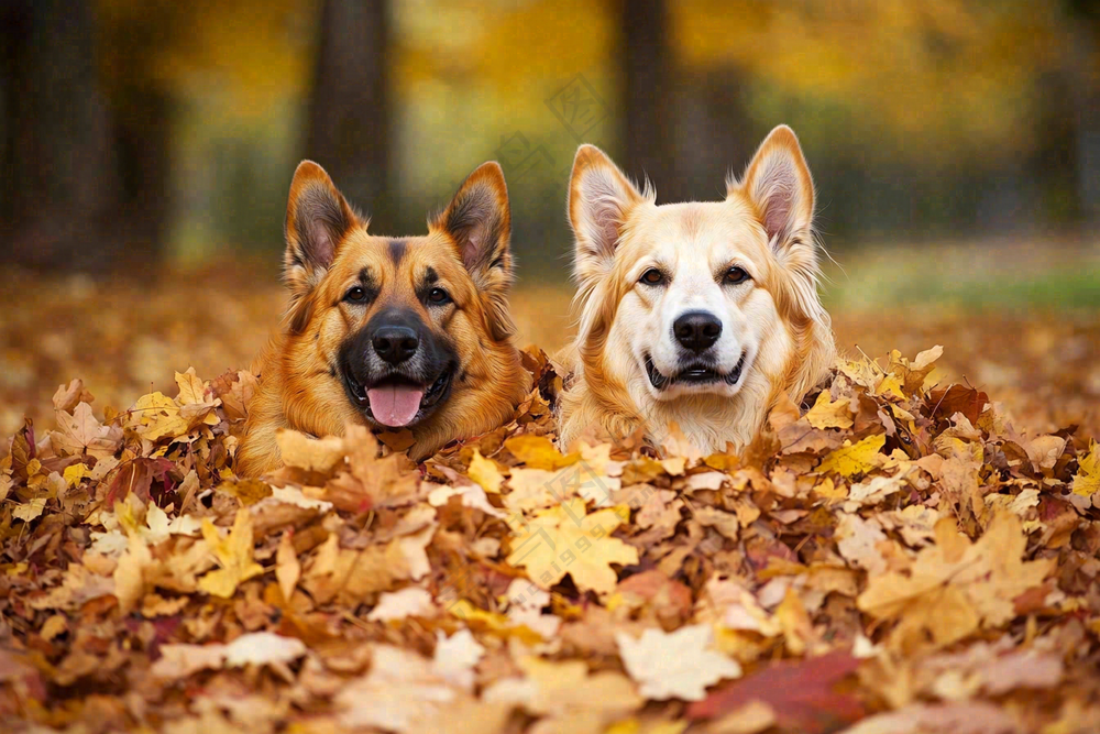 秋天公园黄落叶小狗宠物摄影图