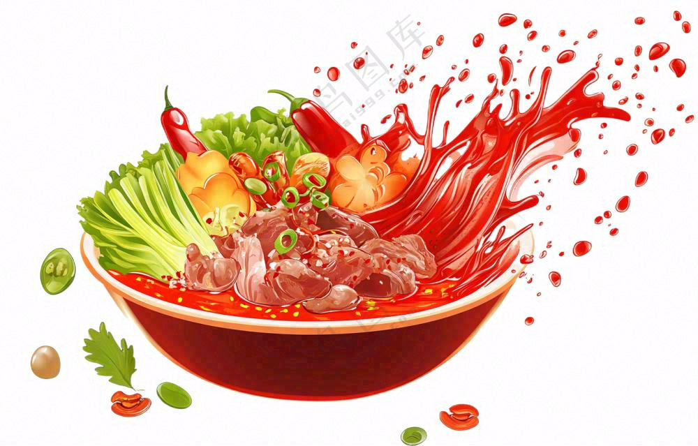 麻辣烫火锅海鲜肉类时蔬插画免抠