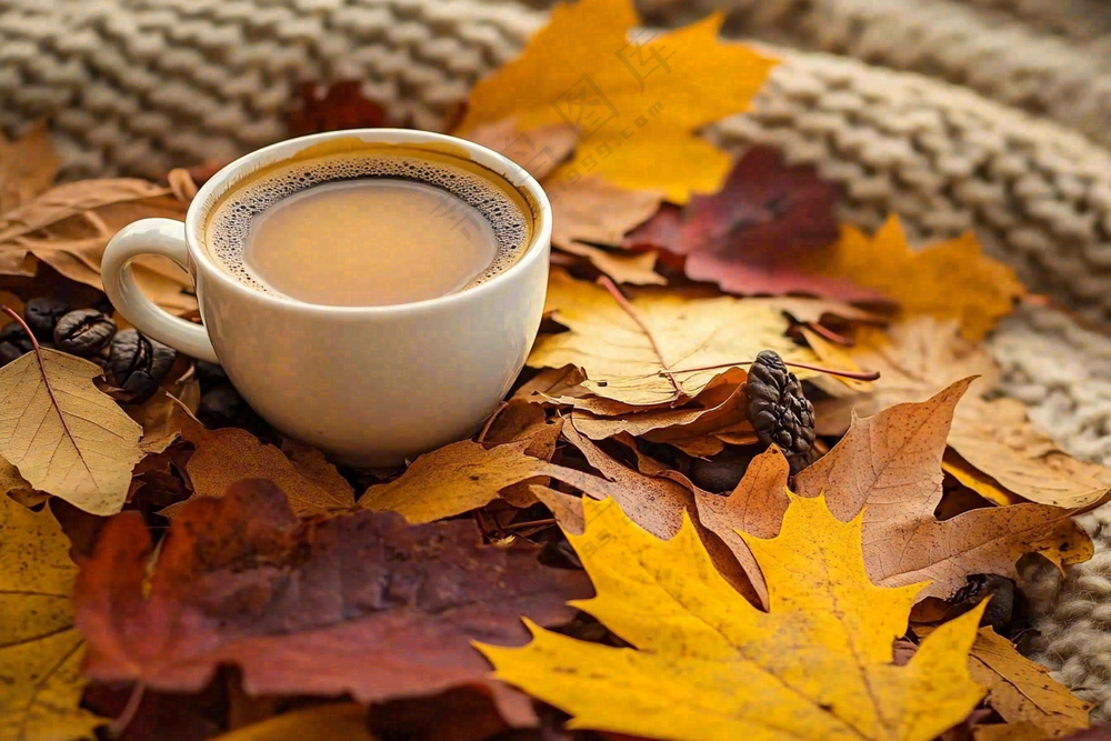 秋天下午茶咖啡落叶毛衣摄影图
