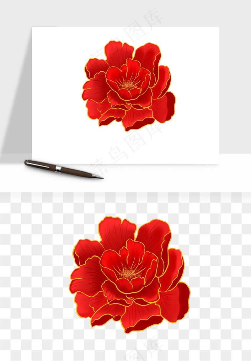手绘国潮牡丹花花卉图案png免抠