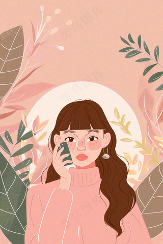 粉色ins时尚女生节绿植女神节妇女节小清新插画背景