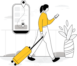 女生拖着行李箱旅行 用手机查看目的地 黄色扁平商务插画