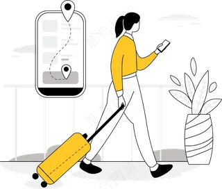 女生拖着行李箱旅行 用手机查看目的地 黄色扁平商务插画