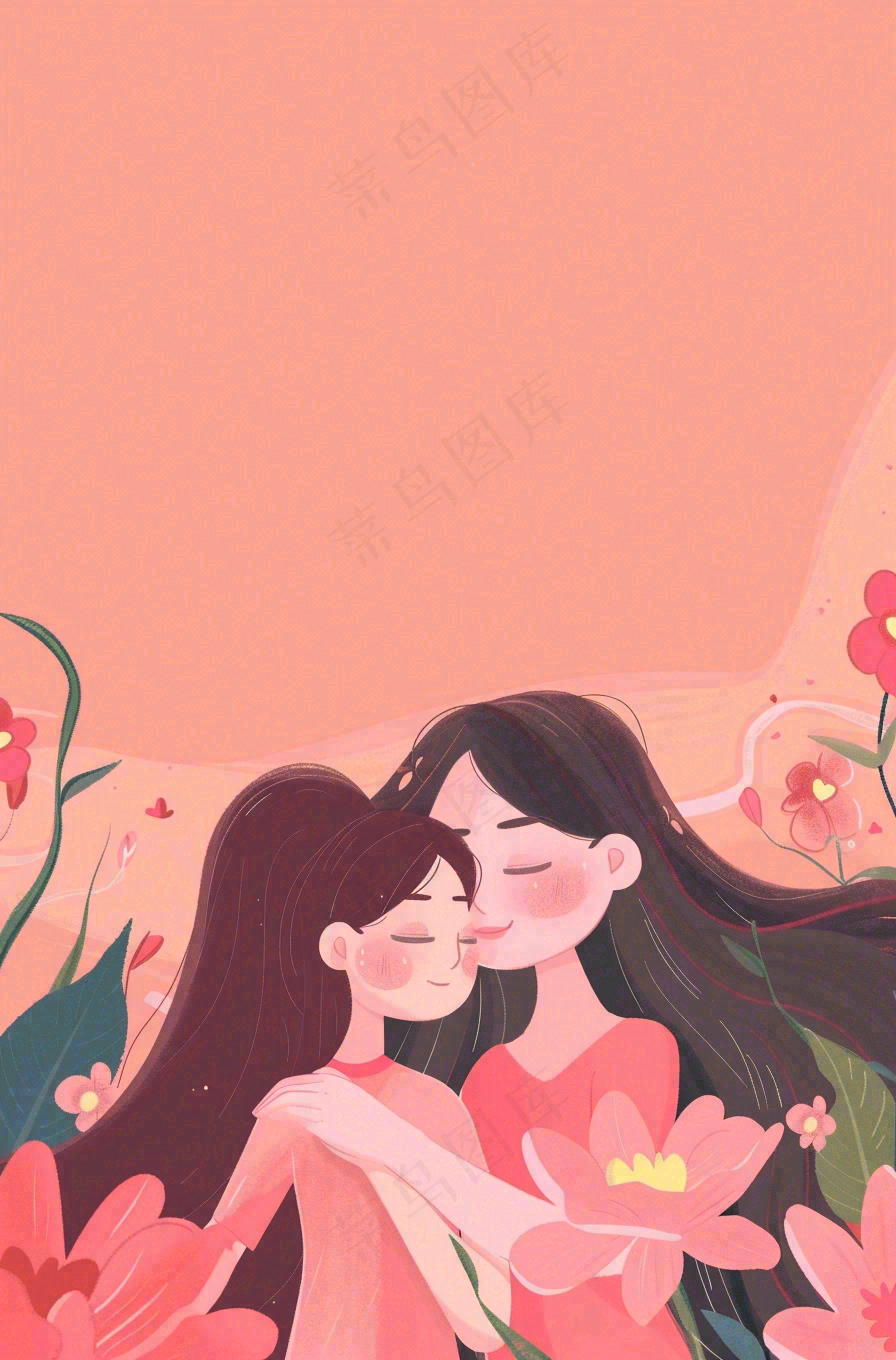 母亲节妈妈亲情抱着孩子鲜花光辉插画背景