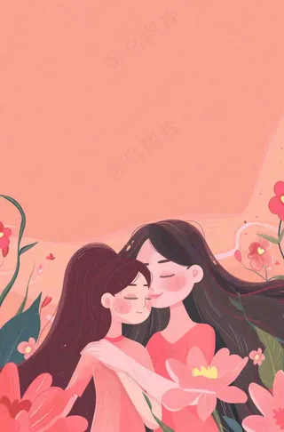 母亲节妈妈亲情抱着孩子鲜花光辉插画背景