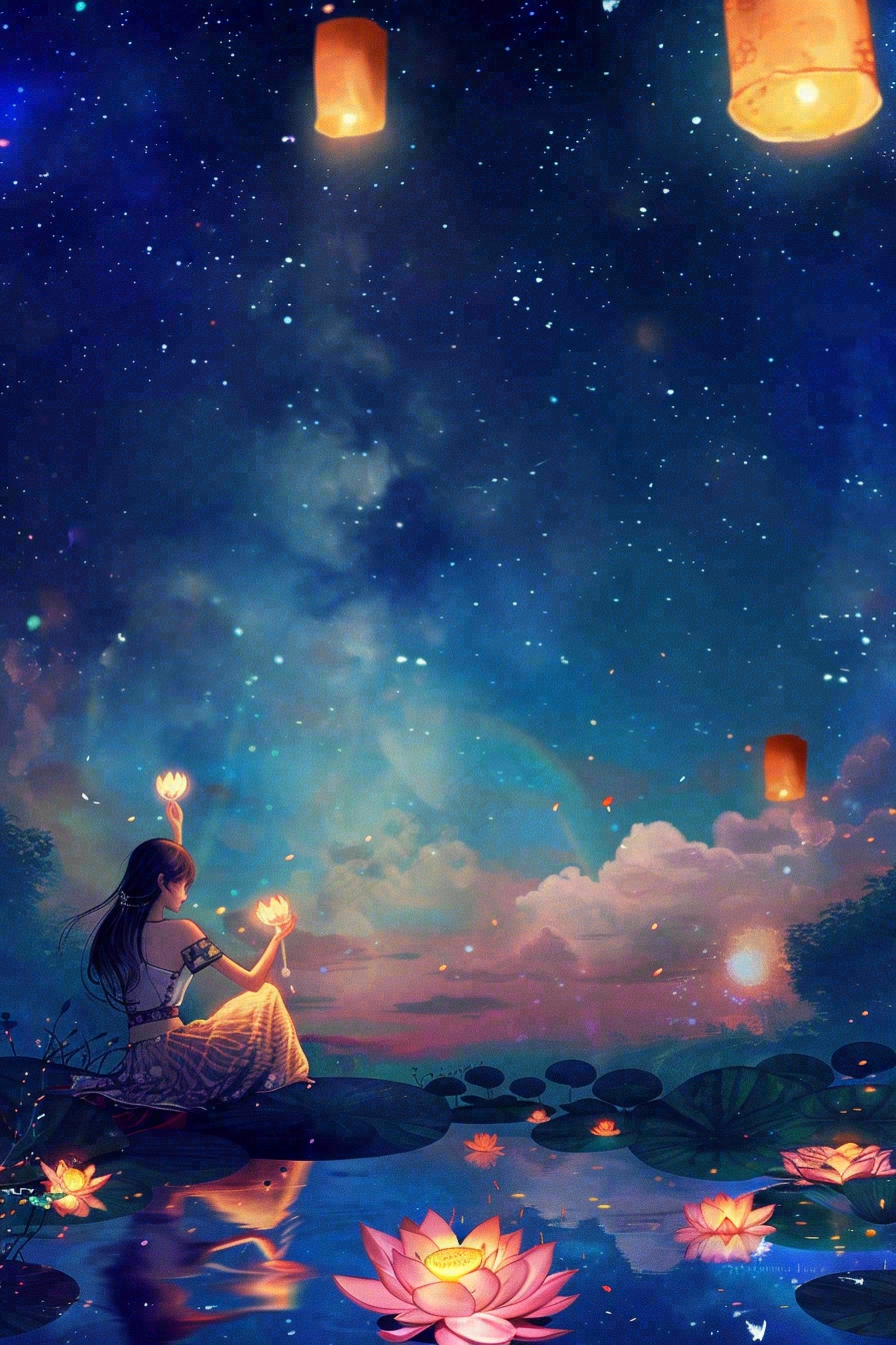 夜晚点灯孔明灯祈福中元节寒衣节插画背景