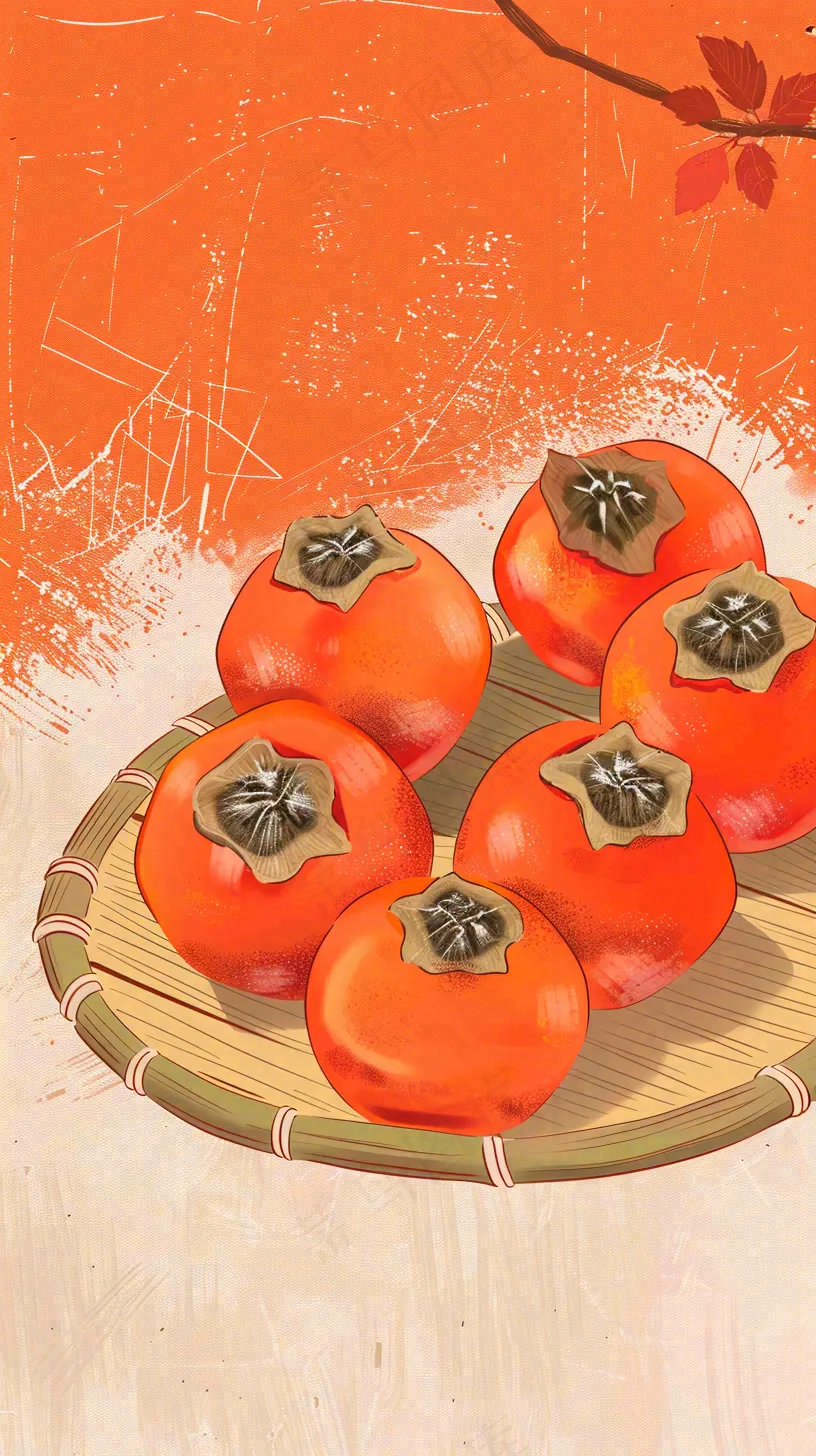 成熟的柿子水果红色背景插画霜降背景