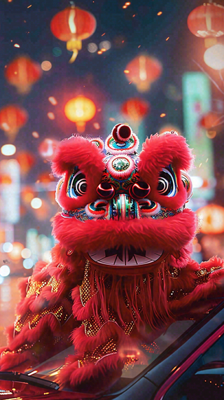 新年舞狮舞龙热闹街区红色喜庆节日小年除夕夜春节背景