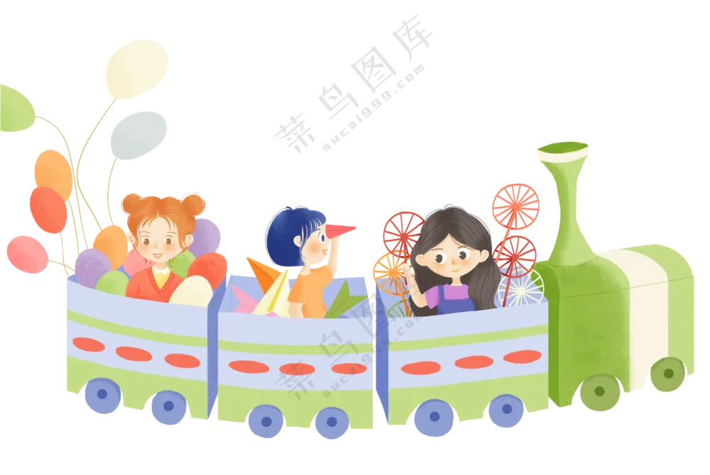 乘坐小火车的儿童人物插画