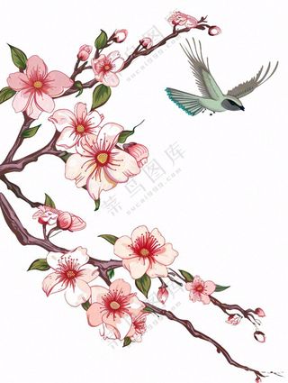 春天桃花树上小鸟喜鹊插画免抠