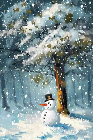 冬天夜晚大雪雪花飘零大树下的雪人唯美雪景插画大雪小雪背景