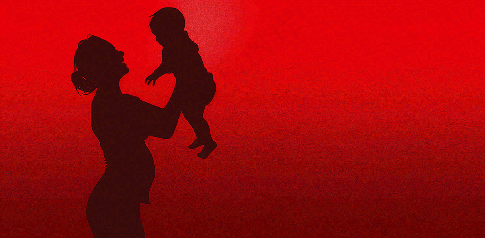妈妈抱着孩子剪影红色背景母亲节背景