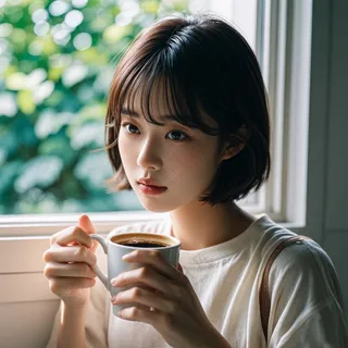 窗前喝咖啡的少女