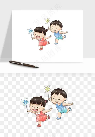 手绘儿童小孩玩耍png免抠