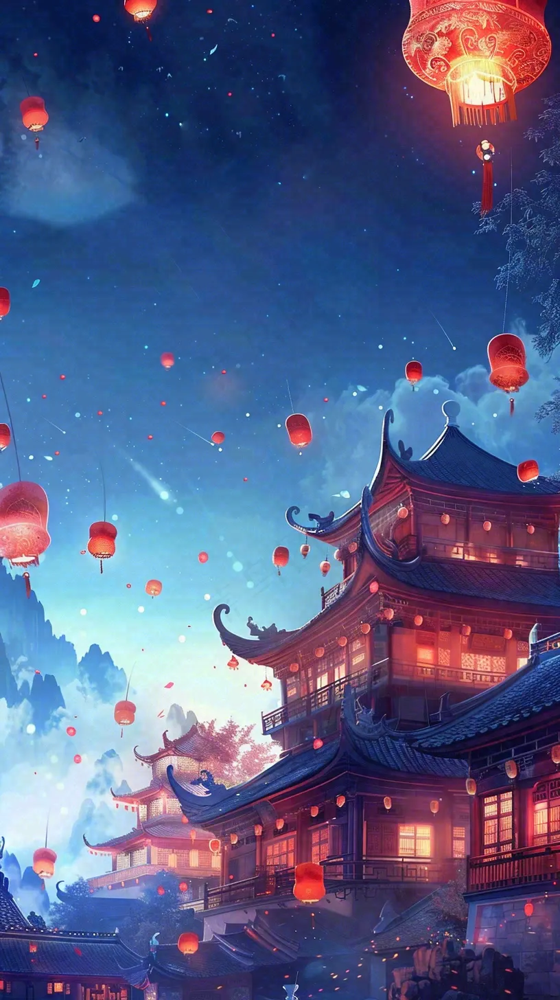 夜晚点灯孔明灯祈福中元节寒衣节插画背景