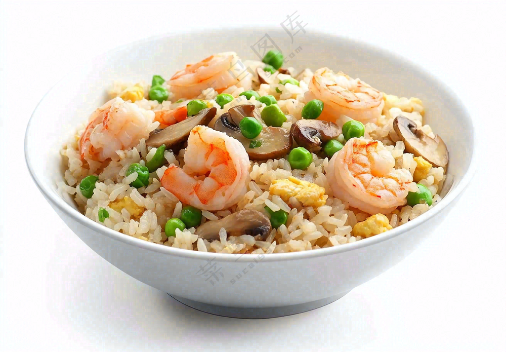 虾仁时蔬炒饭蘑菇美食摄影图