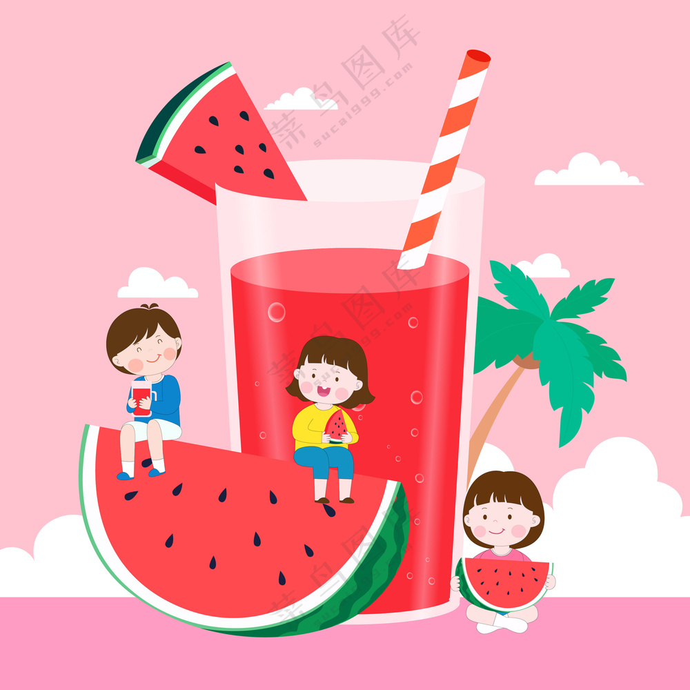 卡通儿童夏季暑假一起吃冰镇西瓜喝西瓜汁矢量插画